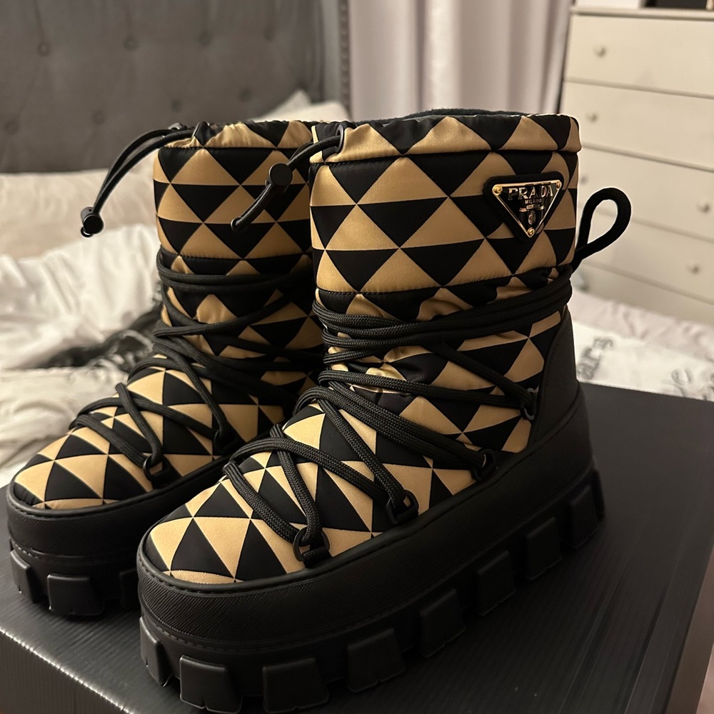 Prada Black and Tan Geometric Pattern Boots